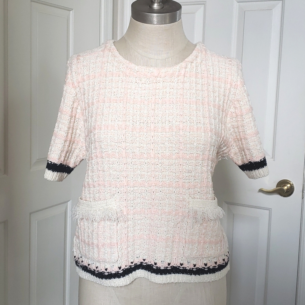 Anthropologie Tweed Sweater Tee • Fringe Pockets • Cream Pink Plaid Knit Top M - Picture 5 of 12